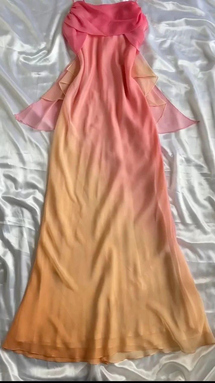 orange mode farbverlauf elegante spaghetti trägern lange chiffon ballkleid abendkleid partykleid gh3608