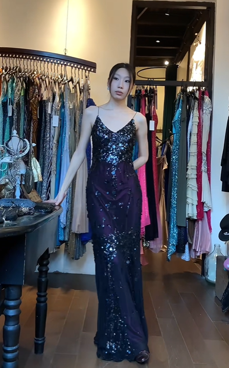 Spaghetti Straps V Neck Black Purple Ombre Evening Gown Hand Sequins Beaded Mermaid Long Prom Dress gh9694