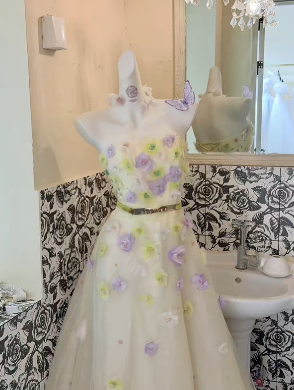 Light Yellow Strapless Cinched Waist A-Line Skirt Long Romantic Dress, Wedding Gown gh7825