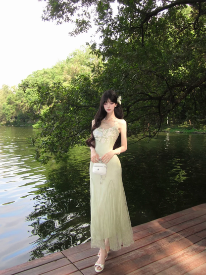 Women Romantic Light Mint Green Prom Dress Spaghetti Straps 3D Floral Applique Lace Mermaid Long Evening Gown gh9440