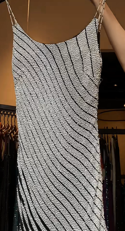 Black White Diagonal Beaded Spaghetti Straps Evening Gown U Neck Hand Beaded Long Formal Prom Dress gh9745