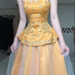 Golden Strapless Evening Gown, Gold Embroidery Beaded Peplum Satin Tulle Floor‑Length Prom Dress gh9057