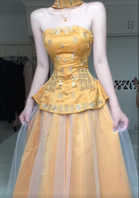 Golden Strapless Evening Gown, Gold Embroidery Beaded Peplum Satin Tulle Floor‑Length Prom Dress gh9057