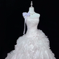 Blush Pink One-Shoulder Cinched Waist Voluminous Tiered Skirt Long Vintage Romantic Dress, Wedding Gown gh7986