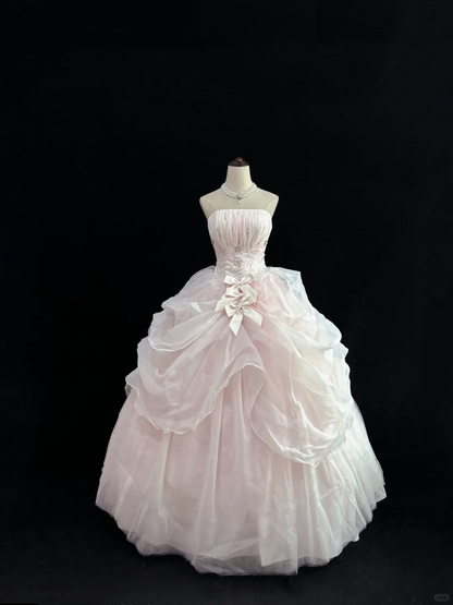 Blush Pink Strapless, Cinched Waist, Voluminous Princess Skirt, Long Elegant Romantic Dress, Wedding Gown gh8082