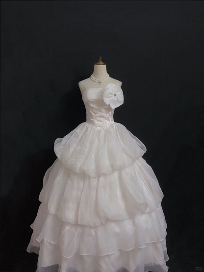 Blush Pink Gentle Strapless Long Romantic Wedding Dress, Cinched Waist, Voluminous Princess Skirt gh8347