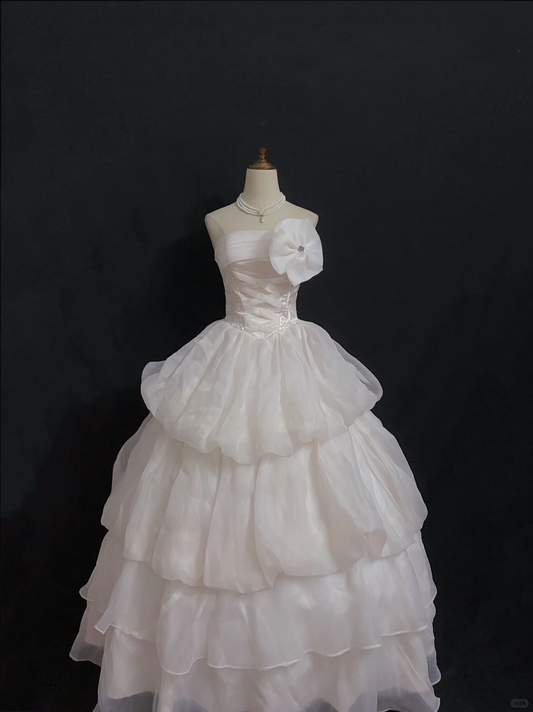 Blush Pink Gentle Strapless Long Romantic Wedding Dress, Cinched Waist, Voluminous Princess Skirt gh8347