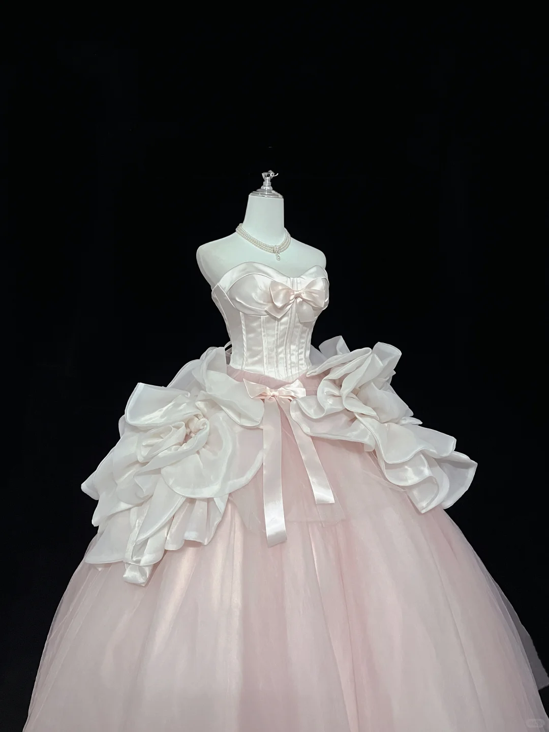 Blush Pink Strapless Bow Cinched Waist Voluminous Princess Skirt Long Romantic Dress, Wedding Gown gh7946