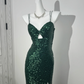 Glitter Dark Green Sequin Cami Dress, Waist-Cinched Bodycon Sexy Prom & Evening Gown gh7223