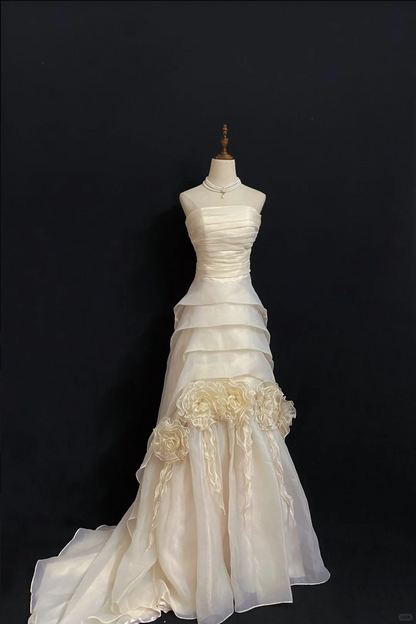 Pale Yellow Strapless Sexy Vintage Floral Long Romantic Dress, Fitted Waist & Bodycon Skirt, Wedding Bridal Gown gh8297