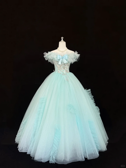 Light Blue Off-the-Shoulder Floral Neckline Cinched Waist Voluminous Princess Skirt Romantic Dress, Wedding Gown gh7860