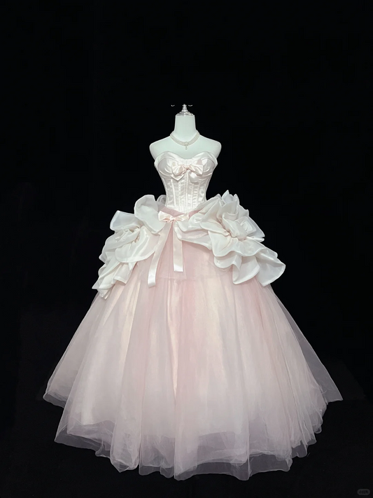 Blush Pink Strapless Bow Cinched Waist Voluminous Princess Skirt Long Romantic Dress, Wedding Gown gh7946