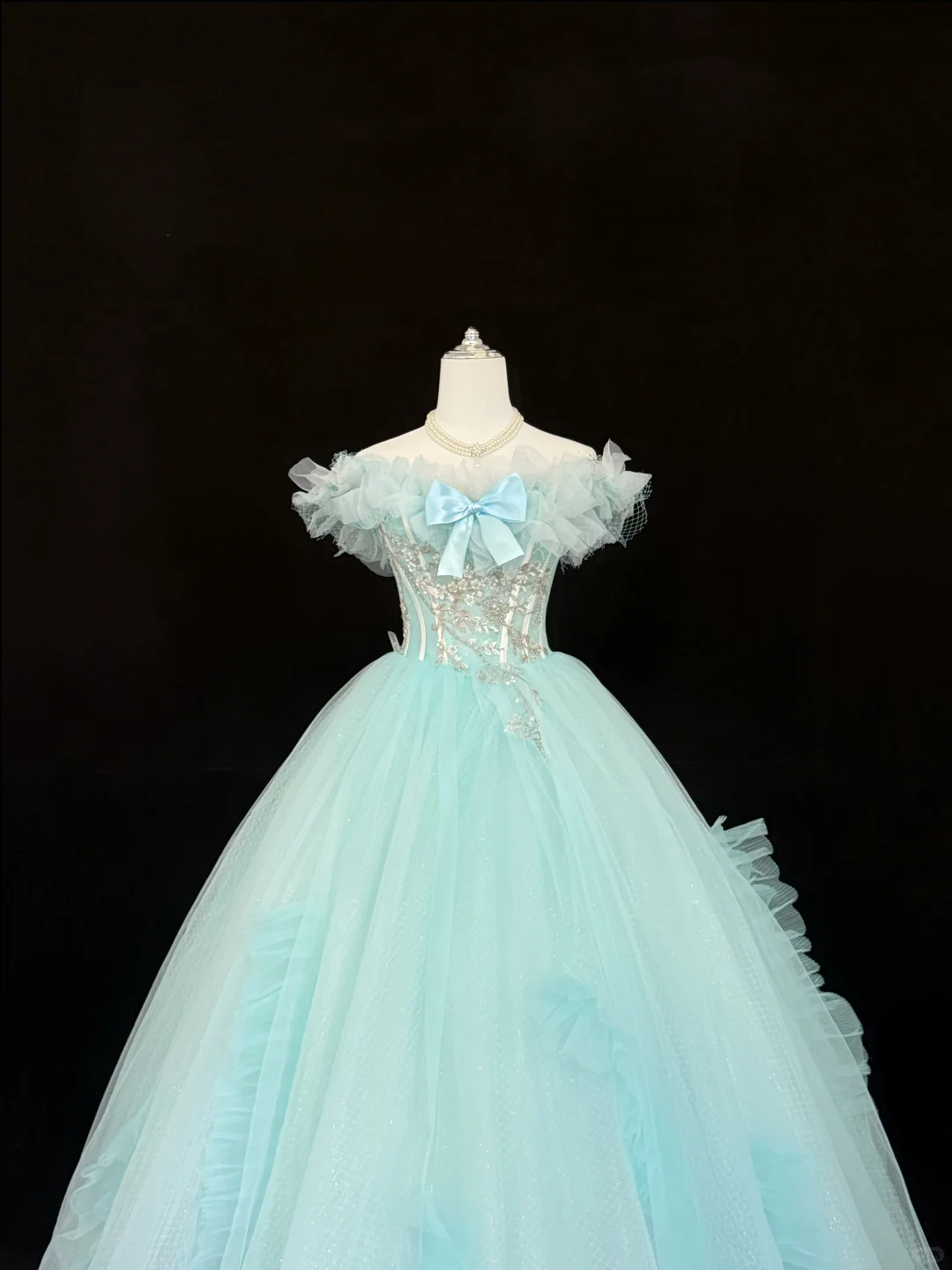 Light Blue Off-the-Shoulder Floral Neckline Cinched Waist Voluminous Princess Skirt Romantic Dress, Wedding Gown gh7860