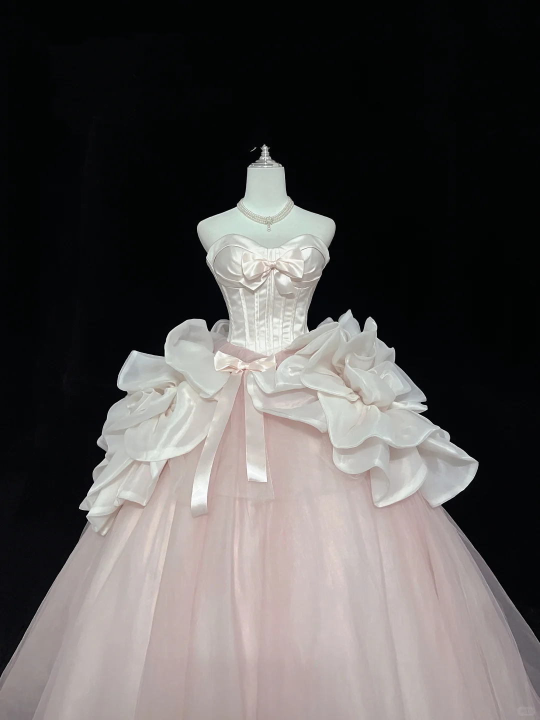 Blush Pink Strapless Bow Cinched Waist Voluminous Princess Skirt Long Romantic Dress, Wedding Gown gh7946