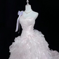 Blush Pink One-Shoulder Cinched Waist Voluminous Tiered Skirt Long Vintage Romantic Dress, Wedding Gown gh7986