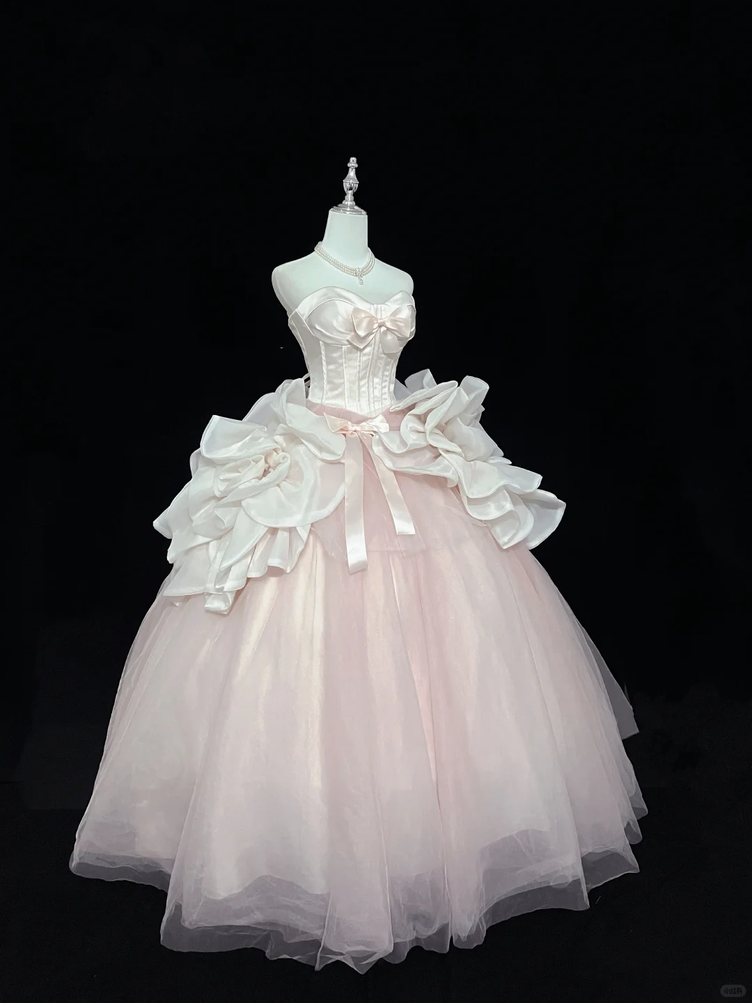 Blush Pink Strapless Bow Cinched Waist Voluminous Princess Skirt Long Romantic Dress, Wedding Gown gh7946