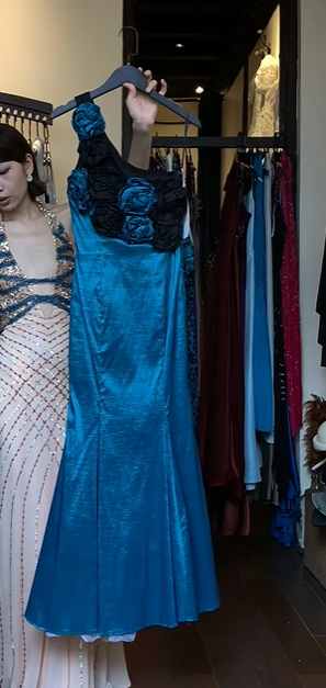Peacock Blue One Shoulder Evening Gown 3D Flower Appliques Satin Mermaid Long Formal Prom Dress gh9732