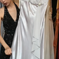 Silver Satin Spaghetti Strap Prom Dress Deep V Neck Ruffled Long Formal Evening Gown gh9835