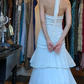 Halter V Neck White Evening Gown Beaded Rhinestone Tiered Ruffle Asymmetric Long Prom Dress gh9696