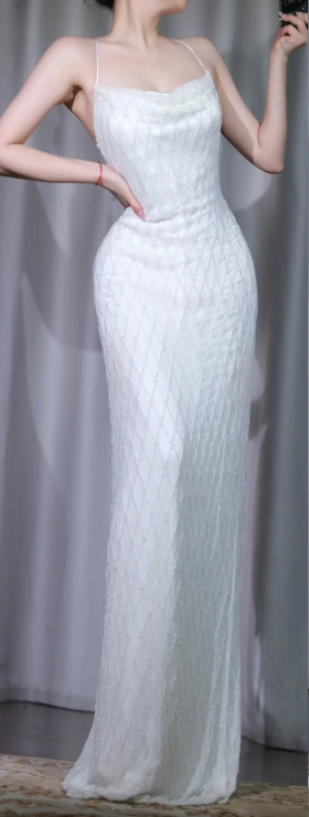 ✨Girlhomeshops-White Beaded Mermaid Evening Gown Spaghetti Strap Cowl Neck gh10121