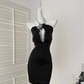 Robe de soirée courte en satin noir sexy à décolleté plongeant et diamants, tenue de soirée, d'anniversaire, de cocktail, gh3962