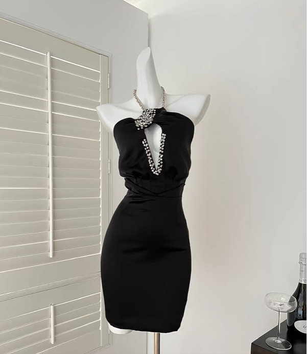 Robe de soirée courte en satin noir sexy à décolleté plongeant et diamants, tenue de soirée, d'anniversaire, de cocktail, gh3962