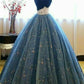 Blaues glänzendes süßes, niedliches, charmantes, exquisites Blumentüll-A-Linien-Abendkleid mit langem Abendkleid für 16-jährige Erwachsene, Zeremoniekleid gh3554