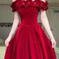 Burgundy Off‑The‑Shoulder Velvet Long Evening Gown, Ruffled Pearl A‑Line Formal Prom Dress gh9035