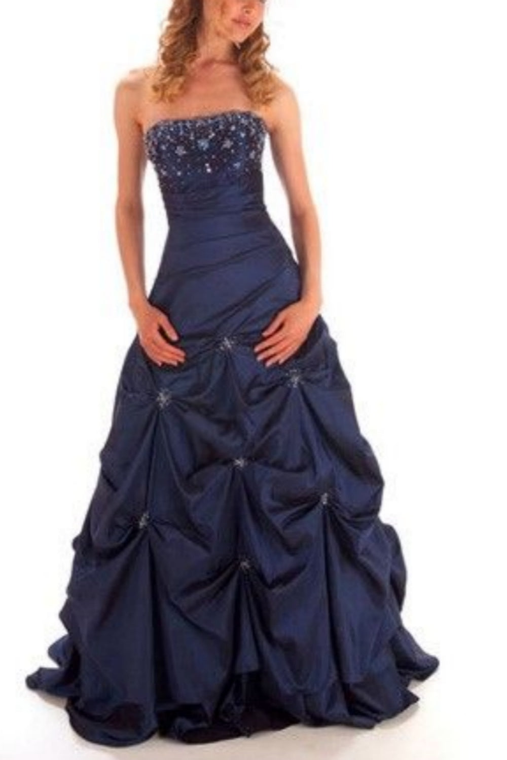 girlhomeshops-Elegant Navy Blue Strapless Ball Gown with Beaded Bodice and Ruched Embellished gh5814