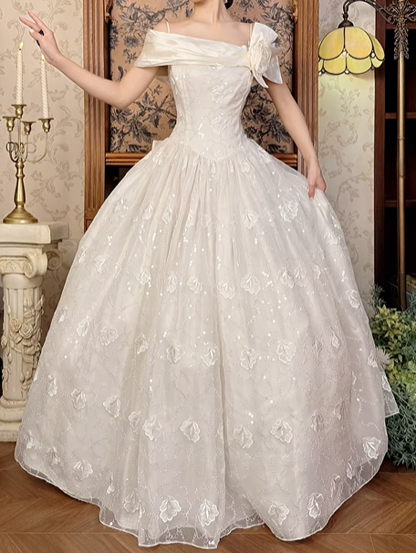 Off‑White Vintage Spaghetti Strap Off‑the‑Shoulder Fitted Waist Lace Voluminous Skirt Long Prom Gown, Wedding Dress gh8595