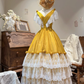 Vintage Yellow V-Neck White Lace Fitted Waist Tiered Cake Skirt Prom & Evening Party Dress gh8495