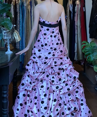 Pink Black Polka Dot Vintage Prom Dress Strapless Sweetheart Waist Bow Layered Ruffle Satin Ball Gown gh9632