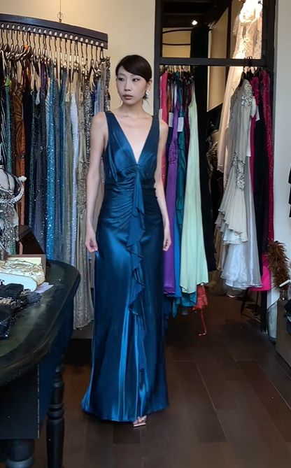 Sleeveless Peacock Blue Satin Evening Gown Deep V Front Ruched Ruffle Long Prom Dress gh9706