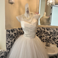 White Strapless Waist-Cinched Voluminous Skirt Long Romantic Dress, Wedding Gown gh7607