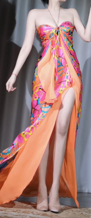 ✨Girlhomeshops-Pink Orange Floral Print Halter Maxi Dress High Slit Chiffon Party Gown gh10030