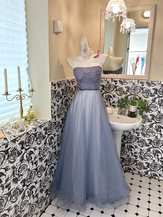 Dusty Blue Strapless Waist-Cinched Full Flared Skirt Romantic Dress, Wedding Gown gh7649