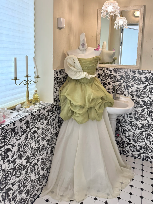 Light Green Strapless Waist-Cinched Voluminous Skirt Long Romantic Dress, Wedding Gown gh7642