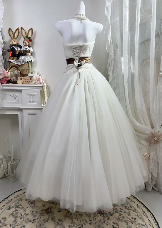 White Strapless Wedding Dress, Ruched Bodice With Beaded Rhinestone, Vintage Brown Embroidered Sash Multi Pearl Chain Voluminous Tulle A-Line Bridal Gown gh9267