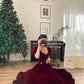 Burgunderrotes Samtkleid mit V-Ausschnitt, kurzen Puffärmeln, Perlenbesetzt, A-Linie, bodenlang, Ballkleid, Abendkleid, Weihnachtspartykleid gh3042