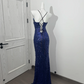 Navy Blue Spaghetti Strap Waist-Cinched Elegant Prom Dress, Evening Formal Gown gh7224