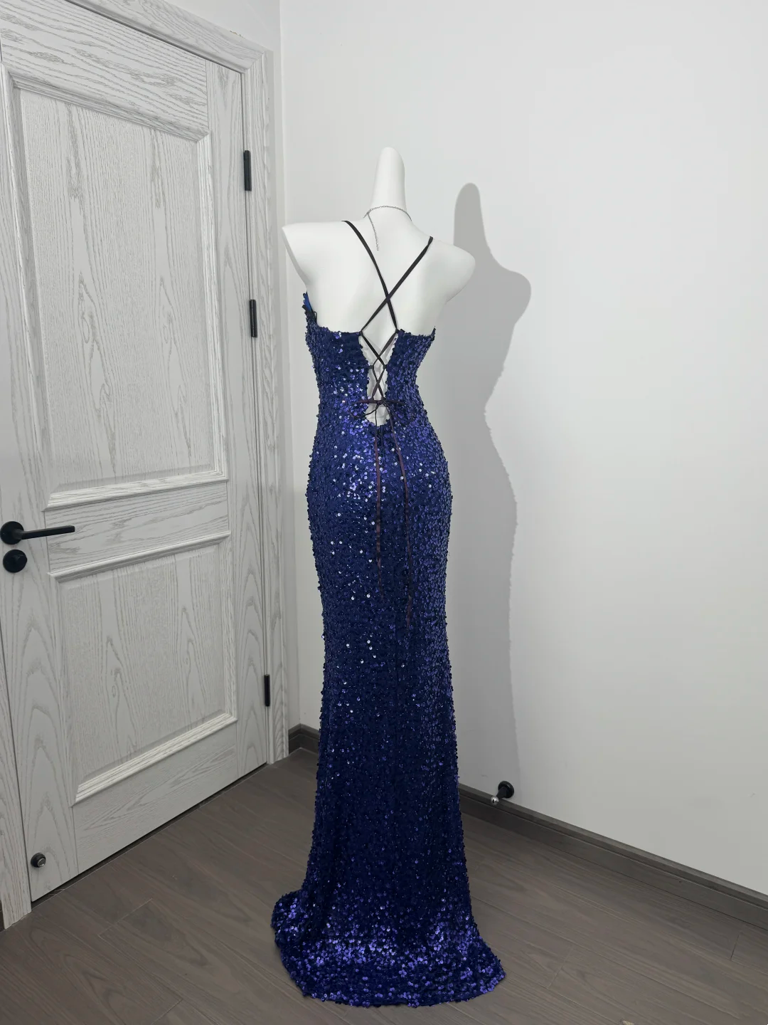 Navy Blue Spaghetti Strap Waist-Cinched Elegant Prom Dress, Evening Formal Gown gh7224