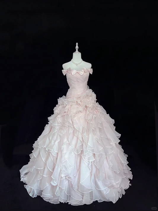 Blush Pink Bow Strapless Girly Cinched Waist Voluminous Tiered Skirt Long Romantic Dress, Wedding Gown gh7987