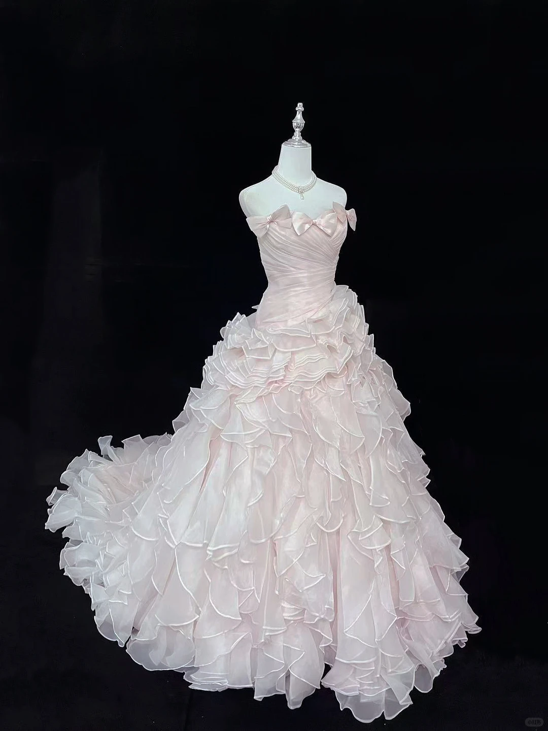 Blush Pink Bow Strapless Girly Cinched Waist Voluminous Tiered Skirt Long Romantic Dress, Wedding Gown gh7987