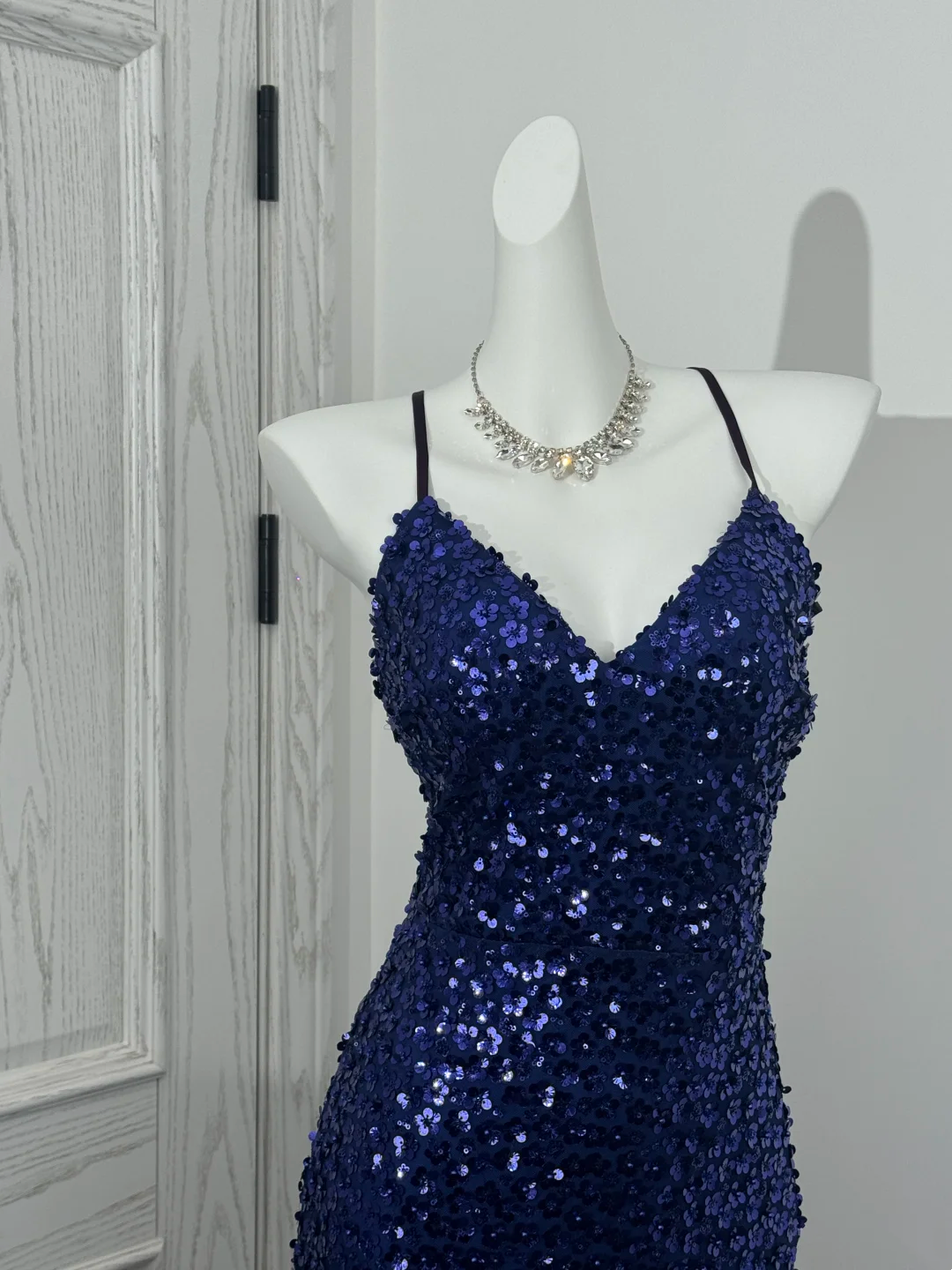 Navy Blue Spaghetti Strap Waist-Cinched Elegant Prom Dress, Evening Formal Gown gh7224