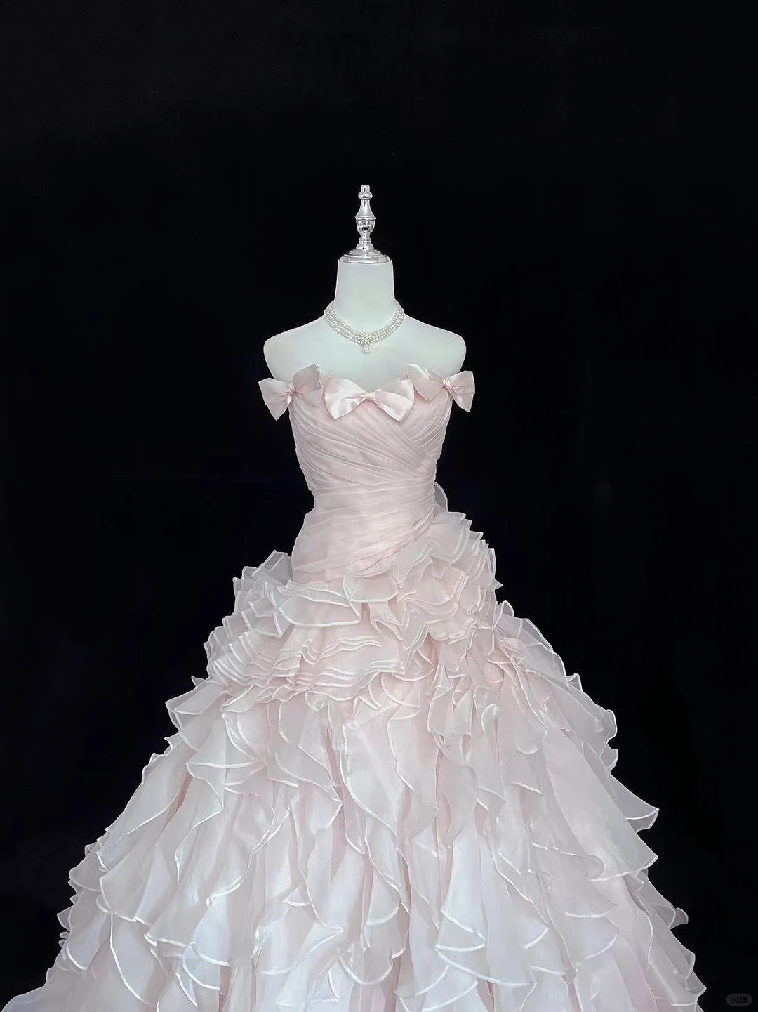 Blush Pink Bow Strapless Girly Cinched Waist Voluminous Tiered Skirt Long Romantic Dress, Wedding Gown gh7987