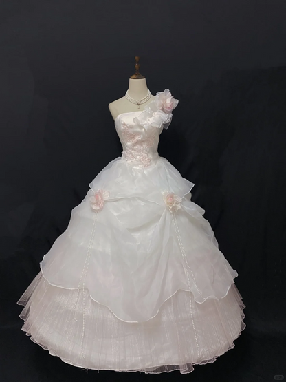 Blush pink strapless romantic gown decorated with floral ornaments, fitted waist and voluminous princess skirt, wedding dress & bridal gown gh8252
