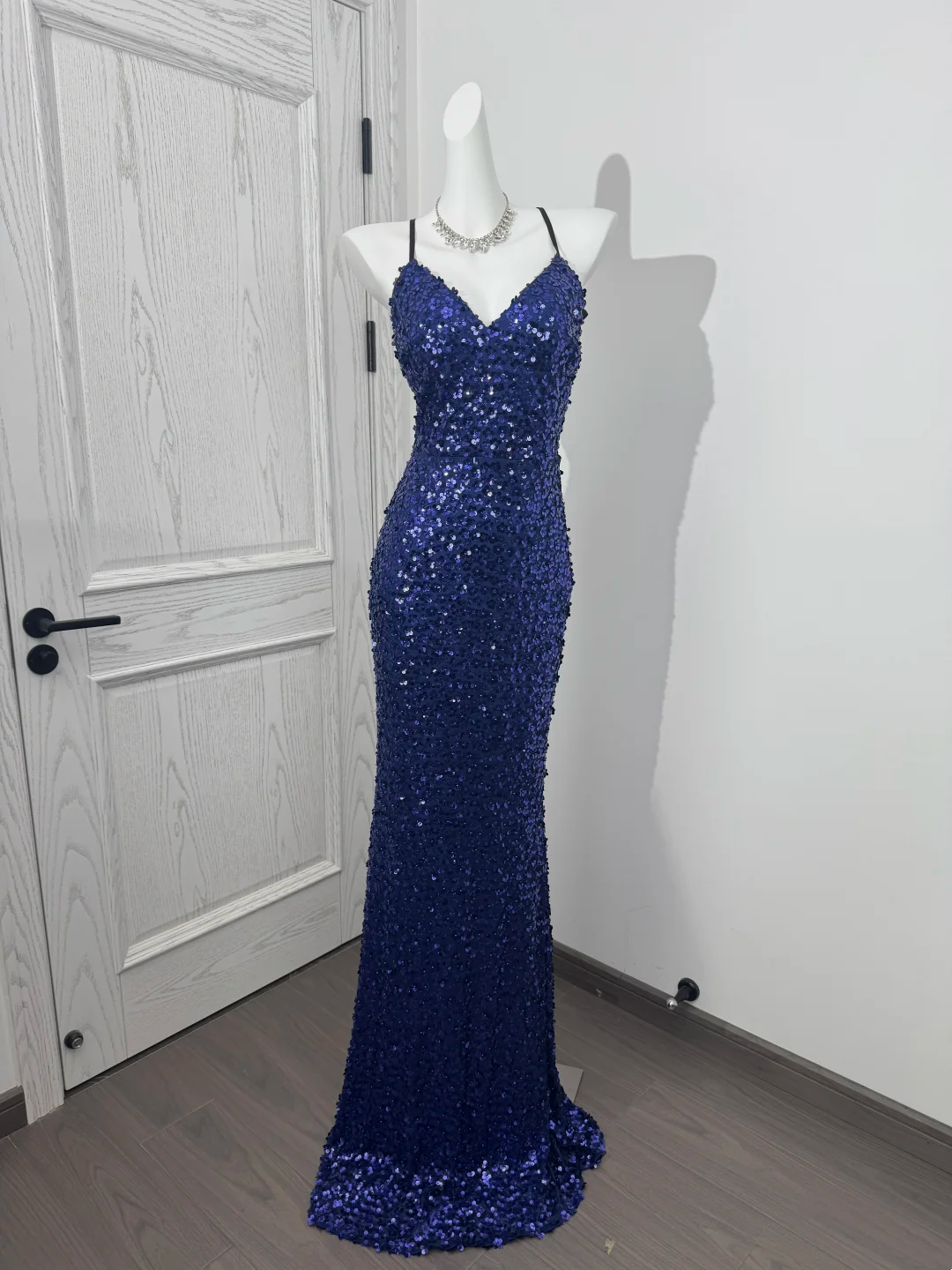 Navy Blue Spaghetti Strap Waist-Cinched Elegant Prom Dress, Evening Formal Gown gh7224