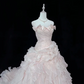 Blush Pink Bow Strapless Girly Cinched Waist Voluminous Tiered Skirt Long Romantic Dress, Wedding Gown gh7987