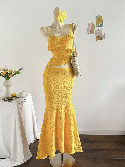 Bright Yellow Spaghetti Straps Waist-Cinched Bodycon Mermaid Skirt Set Evening Dress, Fairy Gown, Romantic Gown gh7444