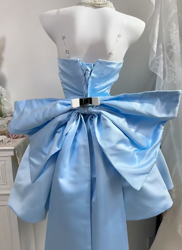 Light Blue Satin Strapless Short Princess Gown, Big Back Bow A-Line Homecoming Dress gh9286